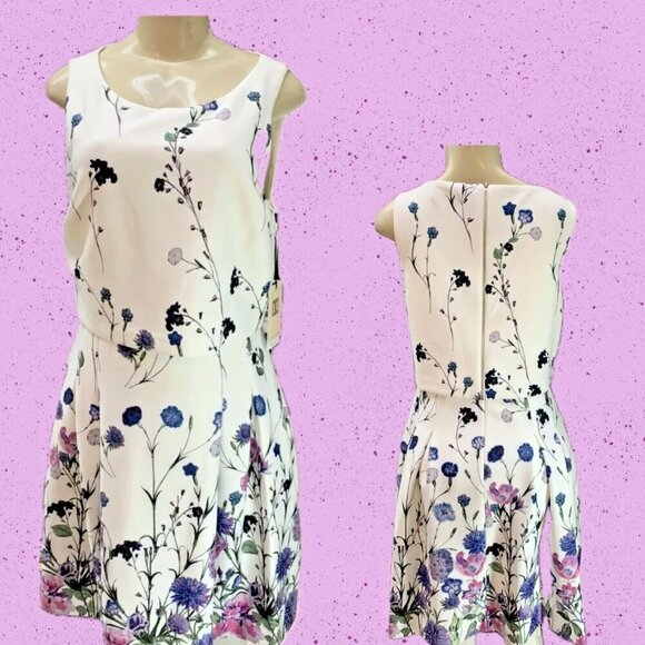 Ivanka Trump 12 White Floral Lined Pleats Side Pockets Zip Back Sleeveless Dress - Picture 1 of 6